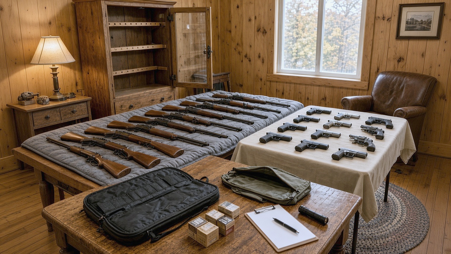 Rifles and handguns laid out on tables in a wood-paneled room